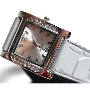 Vintage Moulin Quartz Silver Tone Rhinestone Accent Silicone Gray Band Watch